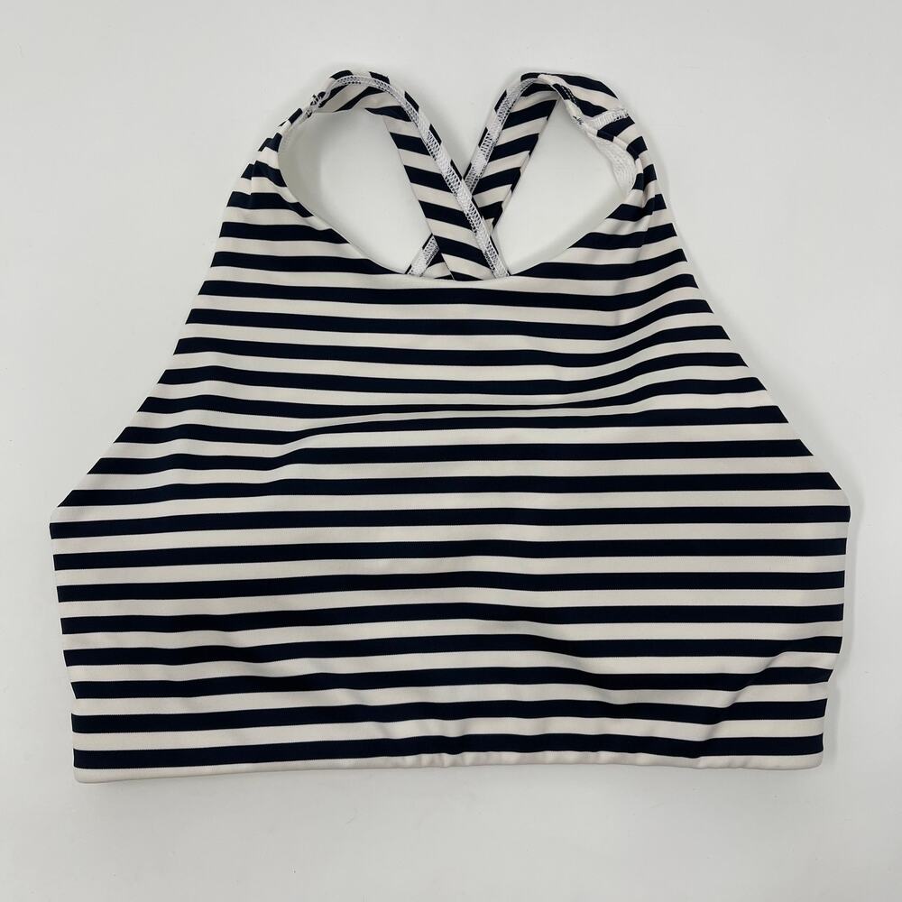 Athleta Navy Blue White XSmall Striped High Neck Mudra Sports Bra Cut Out Back